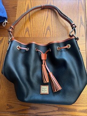 Dooney & Bourke Black Pebbled Leather Drawstring Hobo with Brown Trim